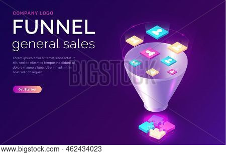 Sales Funnel, Isometric Concept Vector Illustration. Marketing Funnel With Data Drawn Into It For An