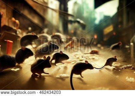Mice Run On The Urban Roads At Night In Large Numbers, Forming Groups. The Epidemic And The Pollutio
