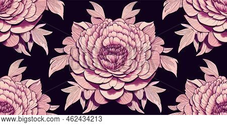 Seamless Pattern Of Peonies Flowers, Pink On Dark Puple, High Quality Vector, Modern Botanic Style