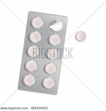 Pill Blister Pack Isolated On White Background. Vector Realistic Mockup Of Foil Packaging With Round
