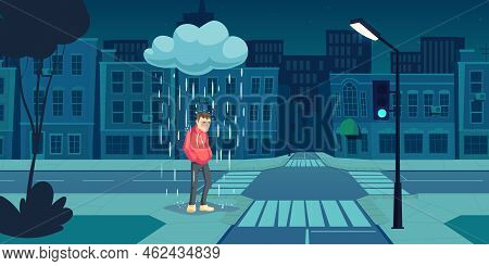 Depressed Man Stand Under Cloud With Falling Rain On Empty Night City Street Near Crossroad With Dar