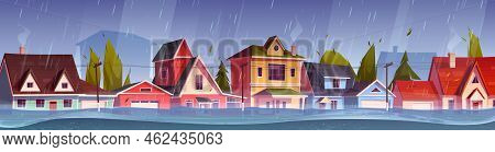 Flood In Town, River Water Stream Flow At City Street With Cottage Houses. Natural Disaster With Rai