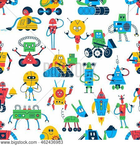 Cartoon Robots Seamless Pattern. Vector Background Of Cute Robot Toys, Space Monster Machines, Andro