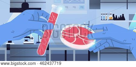 Scientist Hands Holding Test Tubes With Cultured Red Raw Meat Made From Animal Cells Artificial Lab 