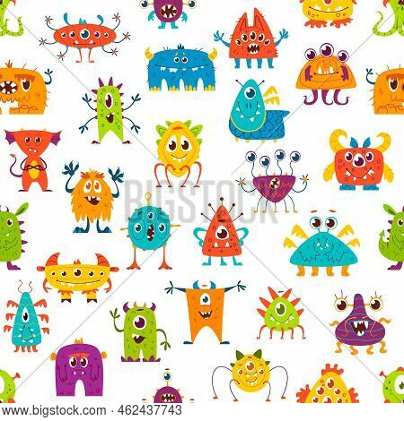 Cartoon Monster Characters Seamless Pattern. Funny Halloween Monsters And Cute Alien Creatures Vecto