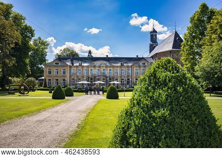 Valkenburg, Netherlands - July 01 2022: Classic Historic Palace Castle With Majestic Landscaped Gard