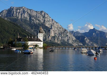 Traunsee Mountain Lake In Austrian Alps. Austria Landscape In Salzkammergut Region. Lake Traun Castl