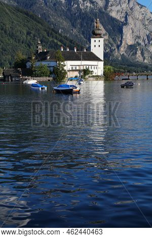 Traunsee Mountain Lake In Austrian Alps. Austria Landscape In Salzkammergut Region. Lake Traun Castl