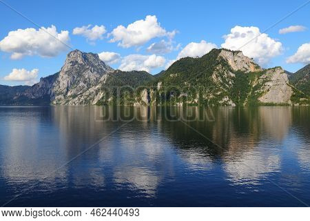 Traunsee Mountain Lake In Austrian Alps. Austria Landscape In Salzkammergut Region. Lake Traun.