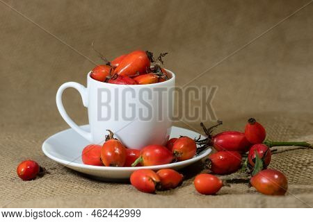 Autumn Composition With A White Cup With Rose Hips On A Rustic Background. Rosehip Tea.
