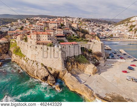 Amazing View On Ulcinj Town In Montenegro. Clock Tower Of Ulcinj Sahat Kulla. Lami Mosque. Ulcinj Is