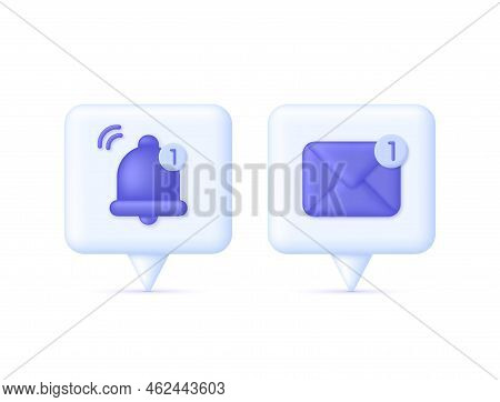 3d Bell And Envelope On Speech Bubble. Reminder Concept. New Notification Arrived. Notification Conc