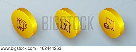 Set Isometric Line Return Cardboard Box, Closed Warehouse And Gear With Package Icon. Vector