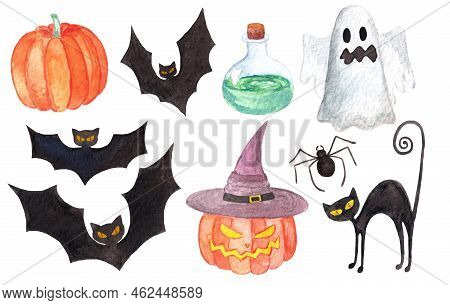 Set Of Halloween Items As Black Cat, Bats, Bottle With Poison, Pumpkin And Spider. Isolated On White
