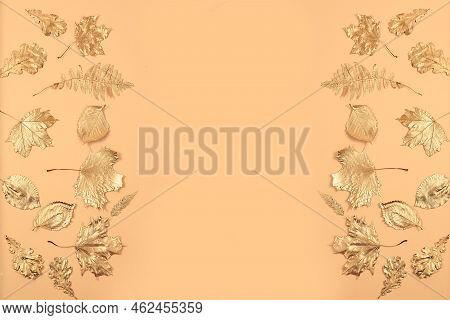 Creative Autumn Composition Flat Lay On Seasonal Background With Golden Maple Leaves, Minimal Autumn