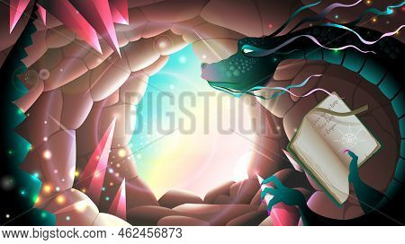 Fantasy Dragon Reading Legend Book In Magic Crystal Cave, Underground Mystery Beast . Mysterious Fan