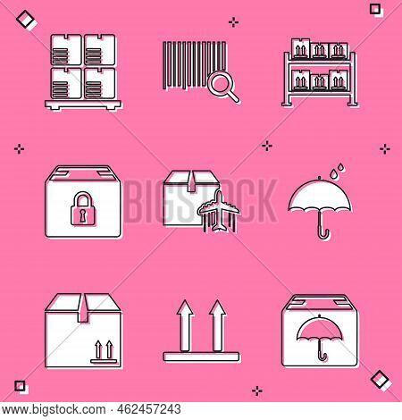 Set Cardboard Boxes On Pallet, Search Barcode, Warehouse, Locked Package, Plane And Cardboard, Umbre