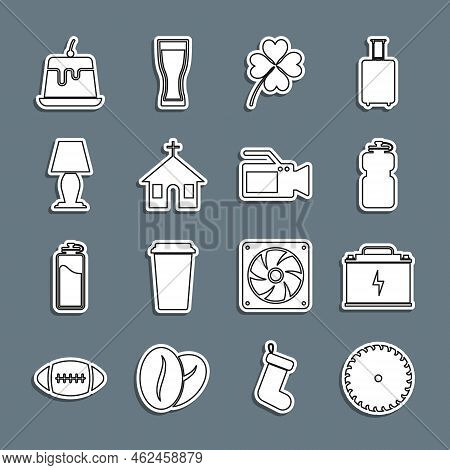 Set Line Circular Saw Blade, Car Battery, Sport Bottle With Water, Four Leaf Clover, Church Building