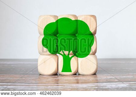 Zero Emisson, Ecological And Net Zero Concept. Eco Friendly Symbols With Green Leaves On Wooden Cube
