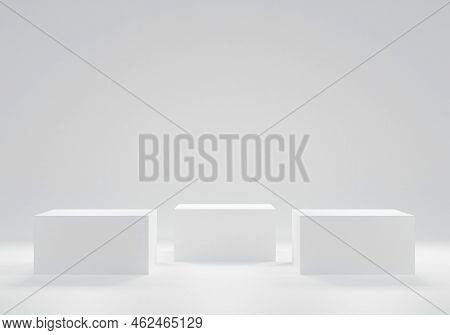 Three White Square Podiums And Abstract Background. Cosmetic Product Presentation. Mock Up Modern De