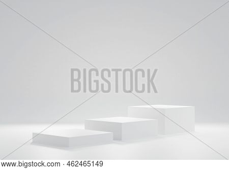 3d Illustration Three White Square Podiums And Abstract Background. Cosmetic Product Presentation An