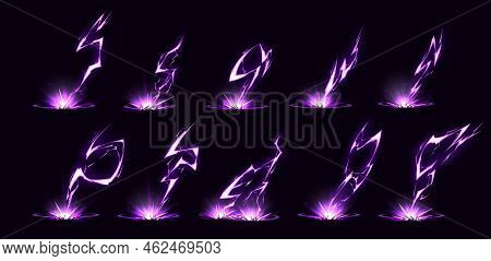 Lightnings, Purple Thunderbolts Hit Ground Isolated On Black Background. Sparking Electric Strikes, 
