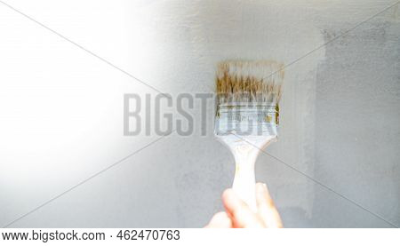 Female Hand Use Brush Painting, Worker Painting On Steel Surface Wall By The Roller Brush For Protec
