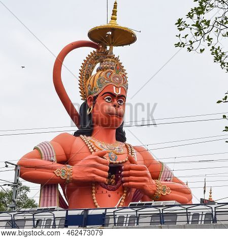 Big Statue Of Lord Hanuman Near The Delhi Metro Bridge Situated Near Karol Bagh, Delhi, India, Lord