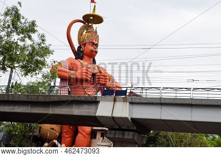 Big Statue Of Lord Hanuman Near The Delhi Metro Bridge Situated Near Karol Bagh, Delhi, India, Lord