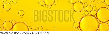 Background With Oil Drops Texture, Yellow Omega Bubbles, Gold Liquid Transparent Droplets. Template 