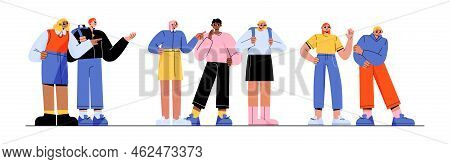 School Bullying Flat Character Set. Group Of Teen Boys And Girls Mocking, Laughing, Pointing Finger 