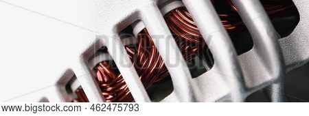 Close-up Of Electric Motor Stator With Winding Coil, View Of Inside Of Electric Induction Motor Unde