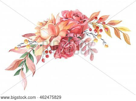 Watercolour Arrangement Of Roses And Leaves. Autumn Composition Withy Yellow, Pink Rose3