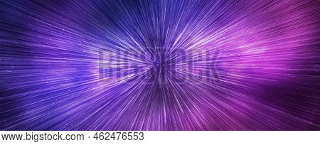 Hyperspace Speed Effect In Night Starry Sky. Bright Purple Blue Galaxy, Horizontal Banner. 3d Illust