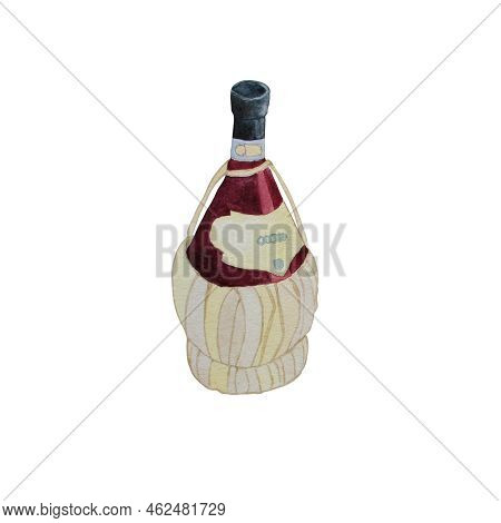 Watercolor Illustration Of Red Italian Chianti Wine In Bottle. Hand Drawn Realistic Delicious Bevera