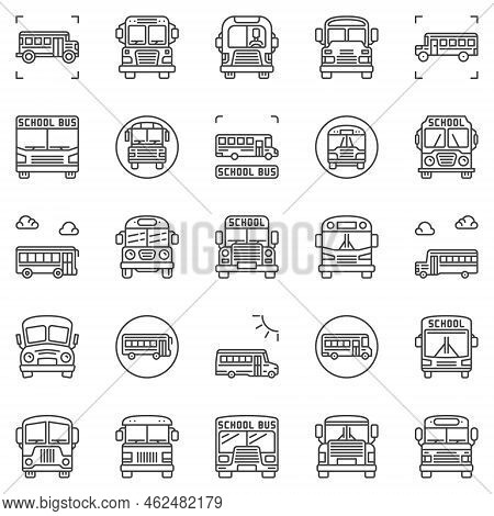 School Bus Outline Icons Set. Buses Vector Transport Symbols