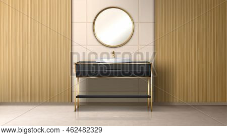 Bathroom With Washbasin And Gold Round Mirror On Wall. Empty Bath Room Or Toilet Interior With Black
