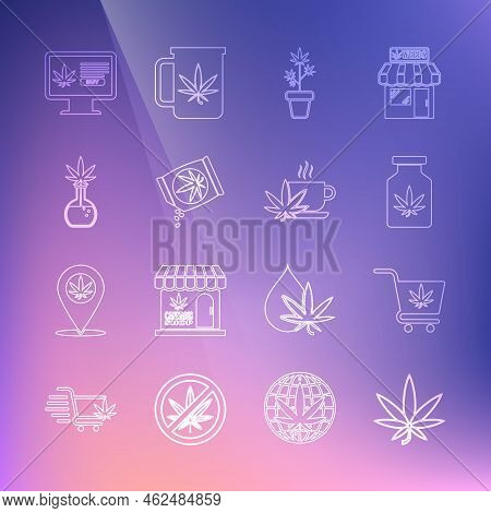 Set Line Marijuana Or Cannabis Leaf, Shopping Cart With Marijuana, Medical Bottle, Plant Pot, Seeds,