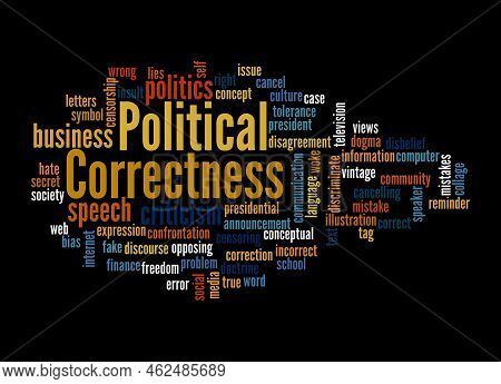 Word Cloud With Political Correctness Concept, Isolated On A Black Background.