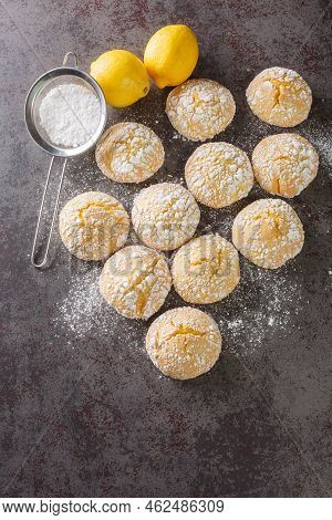 Homemade Cookies With Lemon Flavor Closeup On Table. Vertical Top View From Above