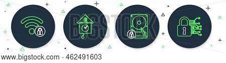 Set Line Retro Wall Watch, Hard Disk Drive And Lock, Wifi Locked And Cyber Security Icon. Vector