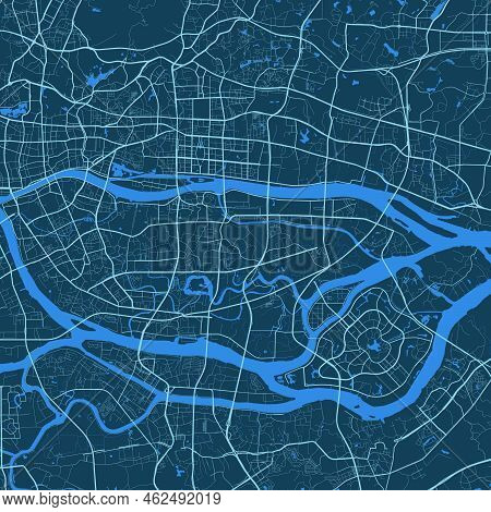 Detailed Vector Map Poster Of Guangzhou City Administrative Area. Blue Skyline Panorama. Decorative 