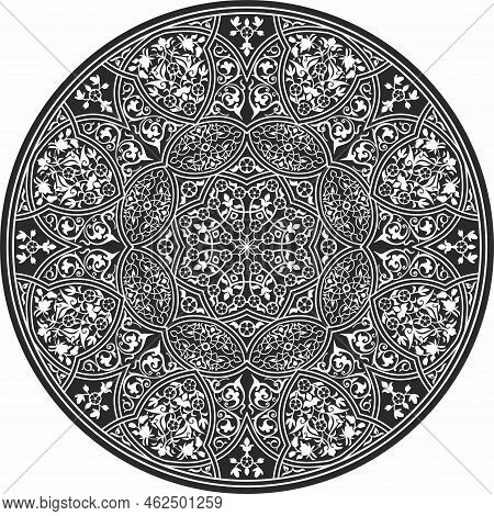 Vector Round Monochrome Arabic National Ornament. Endless Vegetablepattern Of Eastern Peoples Of Asi
