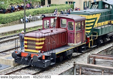 Deutz 2001 Antique Diesel Locomotive Driving On Railway Tracks, Side View. Fond-de-gras, Luxembourg 