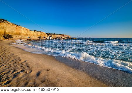 Beautiful Sunset View Of Fyriplaka Beach, Milos Island, Greece. Greek Vacations, Aegean Sea, Rocky L