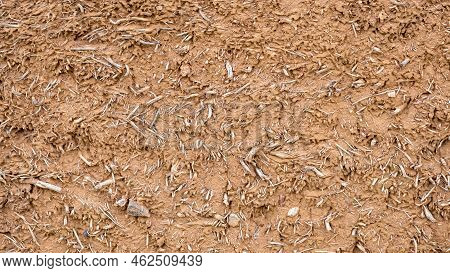 Close-up Background Of The Wall Of An Old House Made Of Clay Mixed With Straw. Old Type Of Construct
