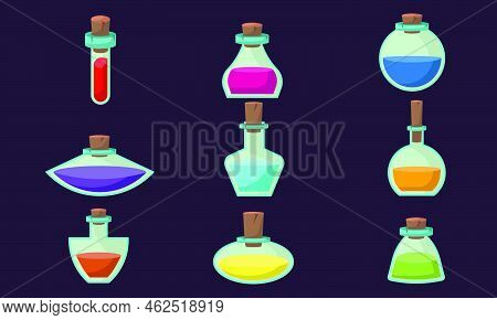 Game Icons Of Bottles With Poison Or Elixir. Cartoon Container For Health Or Energy. Collection Magi