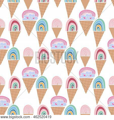 Summer Seamless Pattern With  Ice Cream, Rainbow  Vector Illustration In Flat Cartoon Style.