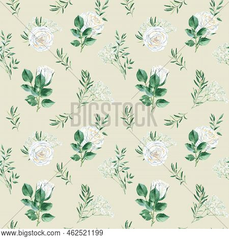Seamless Pattern With White Roses, Gypsophila, Pistachio And Olive Branches. Rustic Style. Watercolo
