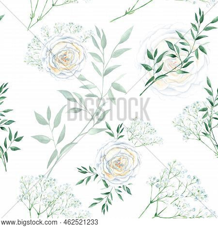 Seamless Pattern With White Roses, Gypsophila And Pistachio Branches. Romantic Style. Watercolor Ill